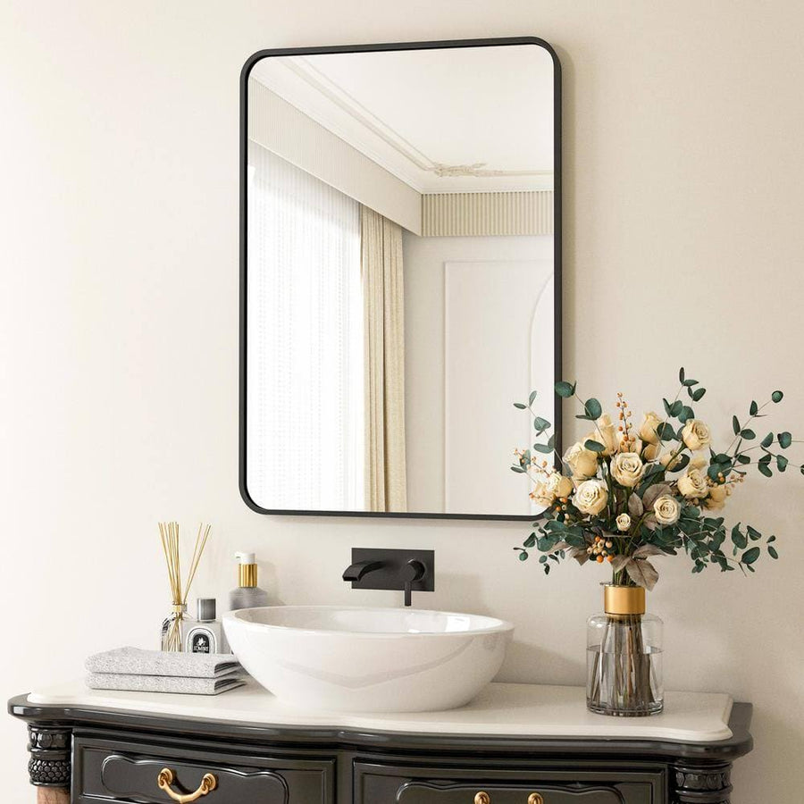 XRAMFY 24 in. W x 36 in. H Rectangular Aluminum Alloy Framed Rounded Black Wall Mirror