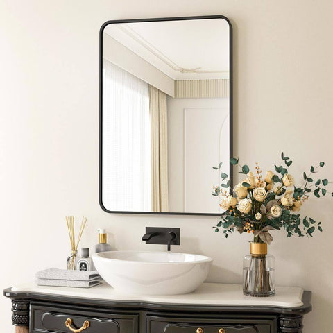 XRAMFY 24 in. W x 36 in. H Rectangular Aluminum Alloy Framed Rounded Black Wall Mirror