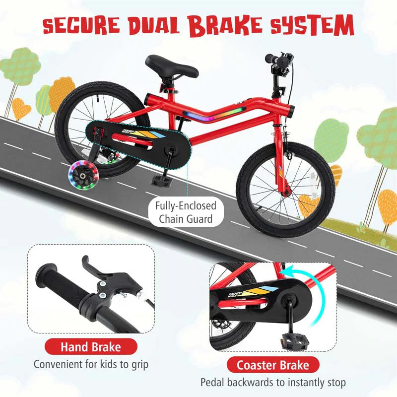 16/18 Inch LED Lighted Kids Bike with Training Wheels, Headlight, Adjustable Seat & Dual Brakes, Children Bicycle for Ages 4-8 Years