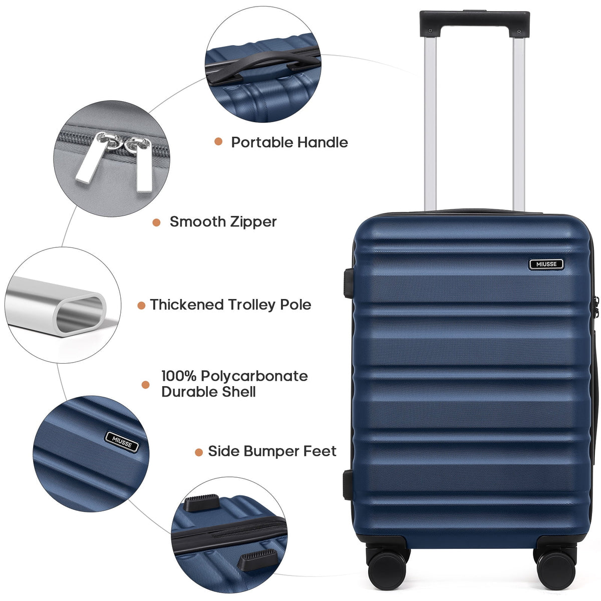MIUSSE Luggage Sets 3 Piece, 20 in Carry on Luggage with Wheels, 100% PC Hardshell Suitcase with TSA Lock, Carry on Suitcases Airline Approved with Travel Backpack for Men Women
