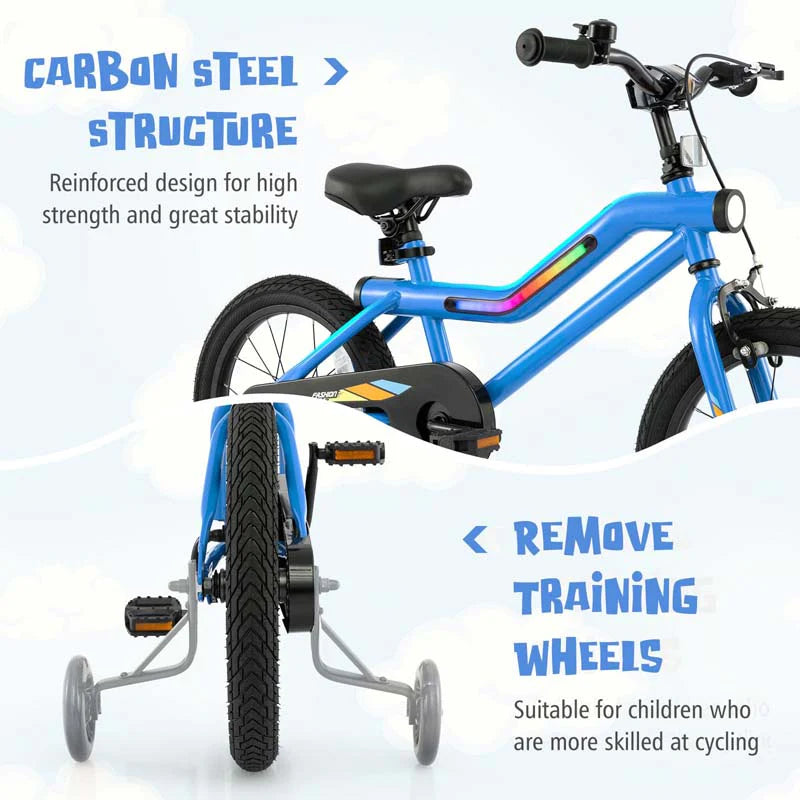 16/18 Inch LED Lighted Kids Bike with Training Wheels, Headlight, Adjustable Seat & Dual Brakes, Children Bicycle for Ages 4-8 Years