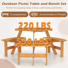 6-Person Round Wood Picnic Table Set with 3 Built-in Benches & 2" Umbrella Hole, Holds 1850 LBS, Outdoor Dining Table & Bench for Patio Garden