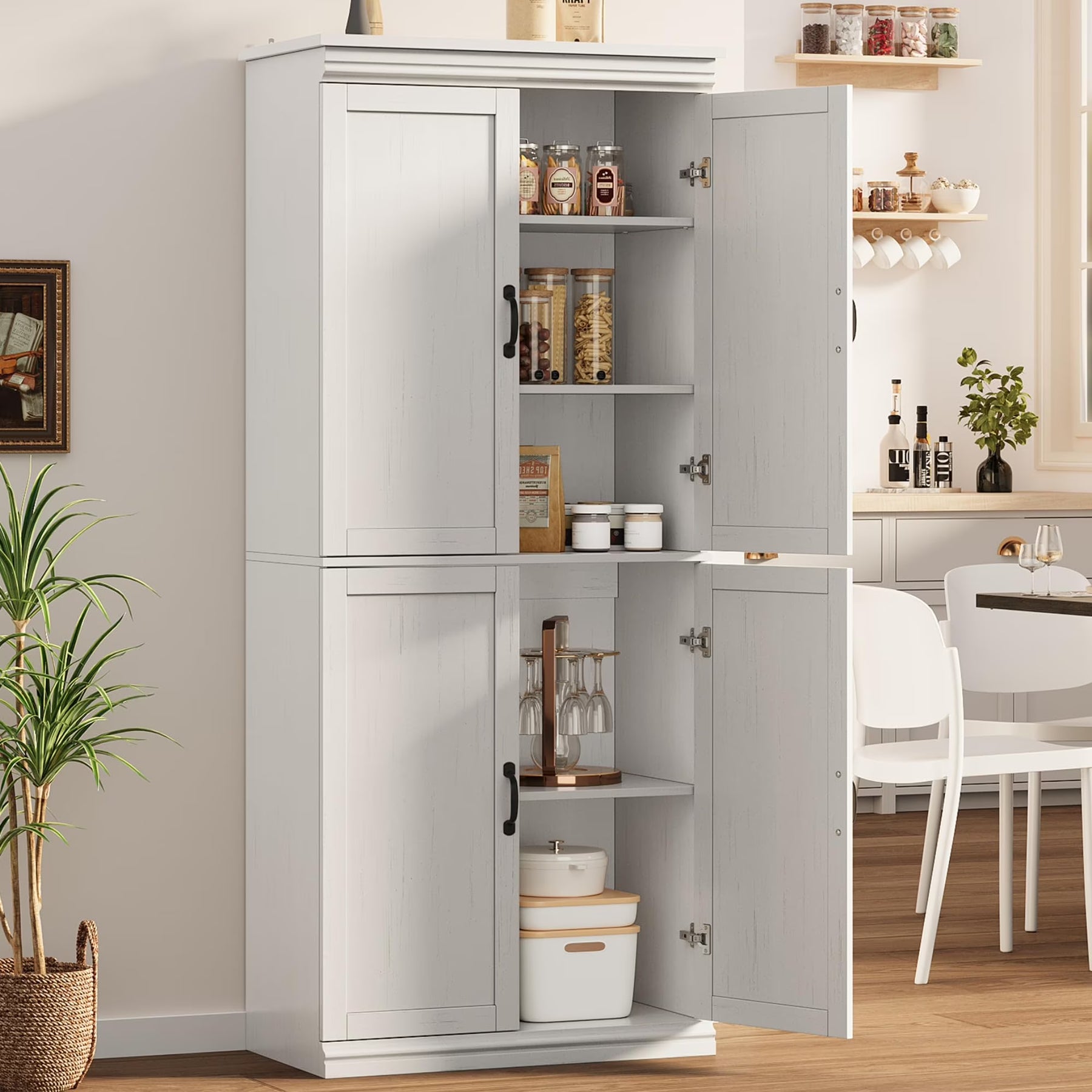 Dsstyles Pantry Cabinet, Freestanding Kitchen Pantry Storage Cabinet, 70" Cupboard, Tall Storage Cabinet with Doors and Adjustable Shelves, for Bathroom, Dining Room, Living Room, Antique White/Gray