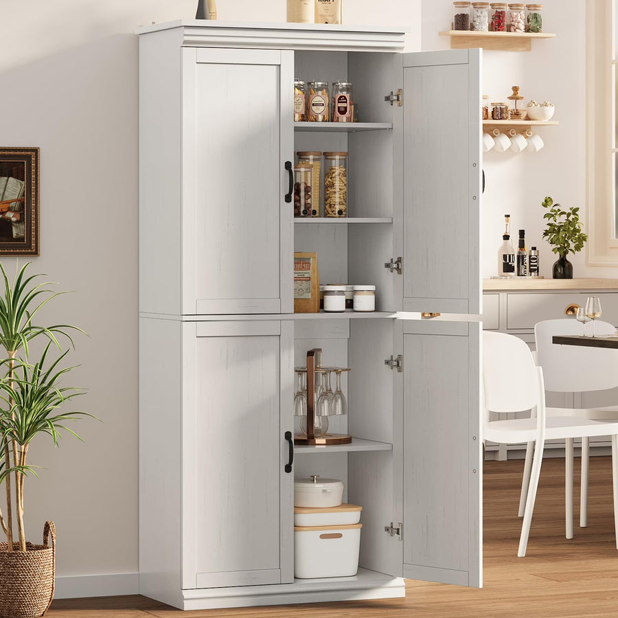 Dsstyles Pantry Cabinet, Freestanding Kitchen Pantry Storage Cabinet, 70" Cupboard, Tall Storage Cabinet with Doors and Adjustable Shelves, for Bathroom, Dining Room, Living Room, Antique White/Gray