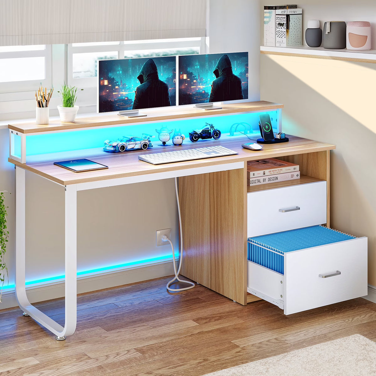 Dextrus 47 in Computer Desk with Storage Drawers & LED Light, Office Desk with Monitor Stand & Power Outlets, Work Study PC Desk for Small Spaces, Home Office, Oak