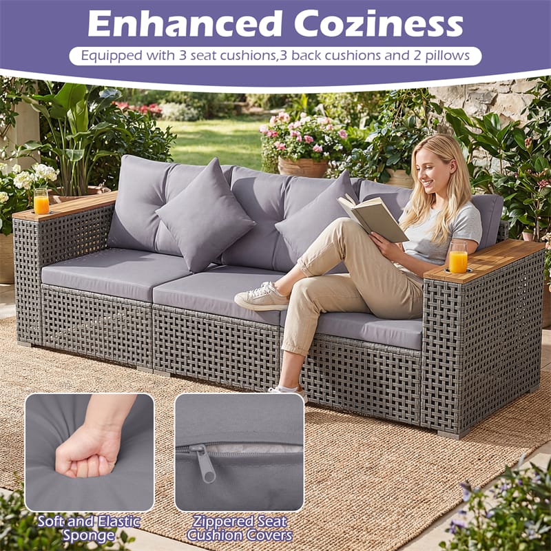 86.5" 3-Seat Patio Wicker Sofa, 3PCS Modular PE Rattan Sectional Furniture Set with Cup Holders & Wood Armrests, Outdoor Couch for Garden Yard