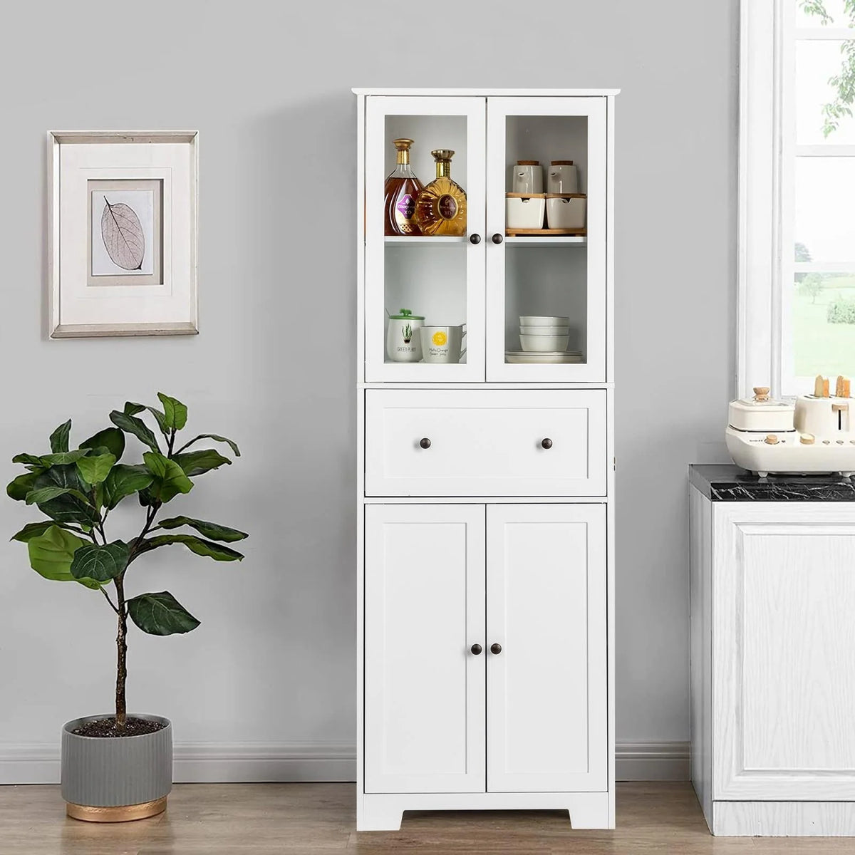Ktaxon 64" Tall Bathroom Storage Cabinet Organizer, Freestanding Kitchen Pantry Cabinet Line Tower with 2 Glass Doors, Large Drawer & 4 Adjustable Shelves for Dining Room Living Room Home Office, White