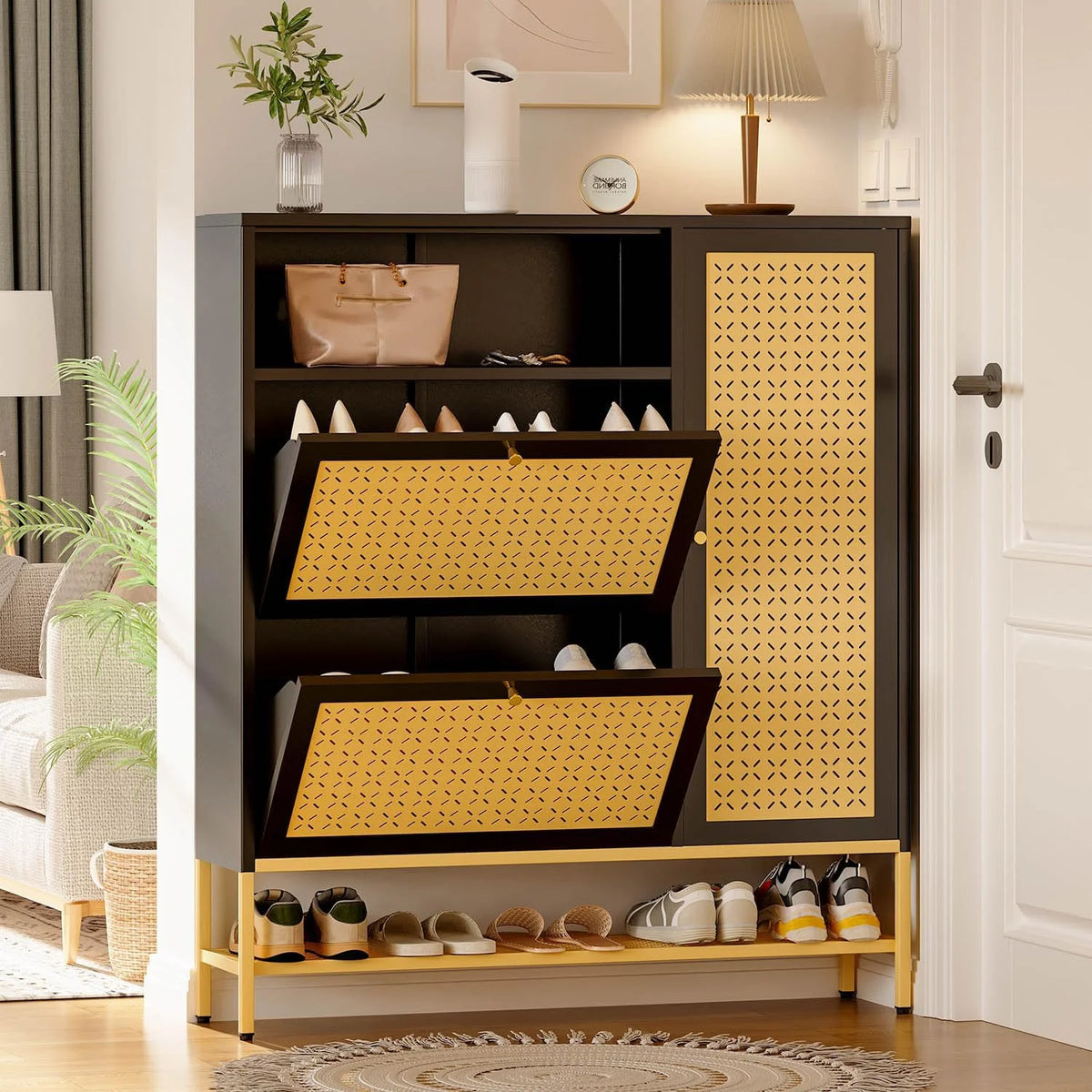 AECOJOY Shoe Storage Cabinet with 2 Flip Drawers - Hidden Shoe Organizer for Entryway, Metal Shoe Rack with Door & Open Storage