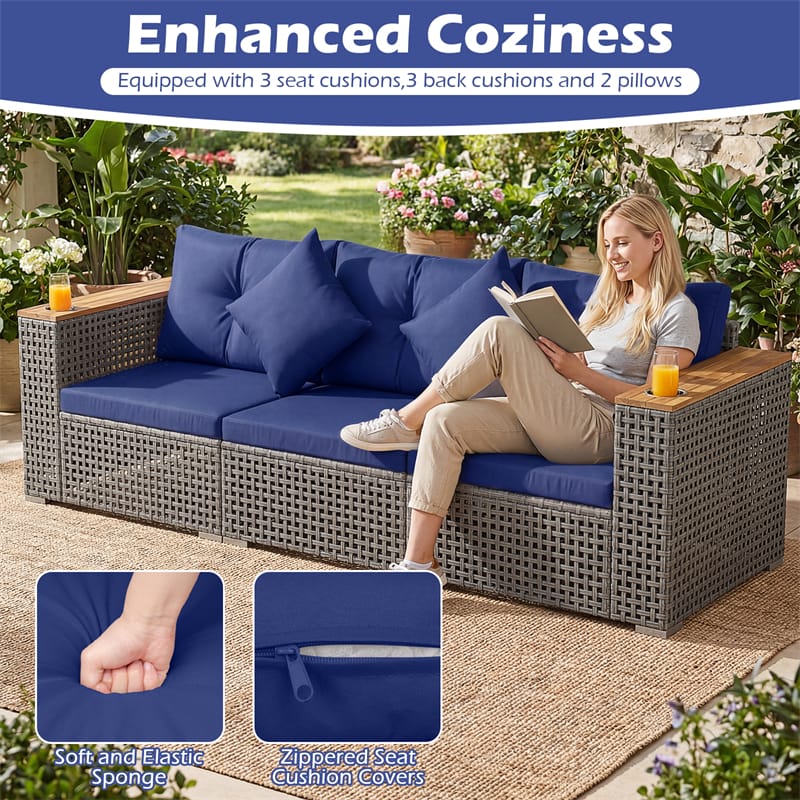 86.5" 3-Seat Patio Wicker Sofa, 3PCS Modular PE Rattan Sectional Furniture Set with Cup Holders & Wood Armrests, Outdoor Couch for Garden Yard