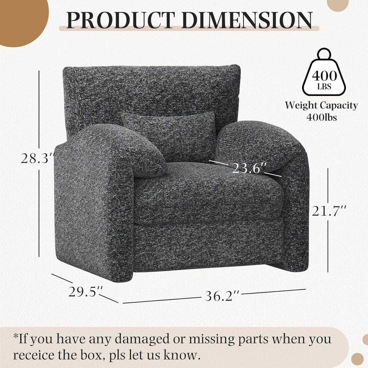 AECOJOY Oversized Armchair, Chenille Mid Century Accent Chair, Comfy Upholstered Single Sofa, Extra Wide Reading Chairs