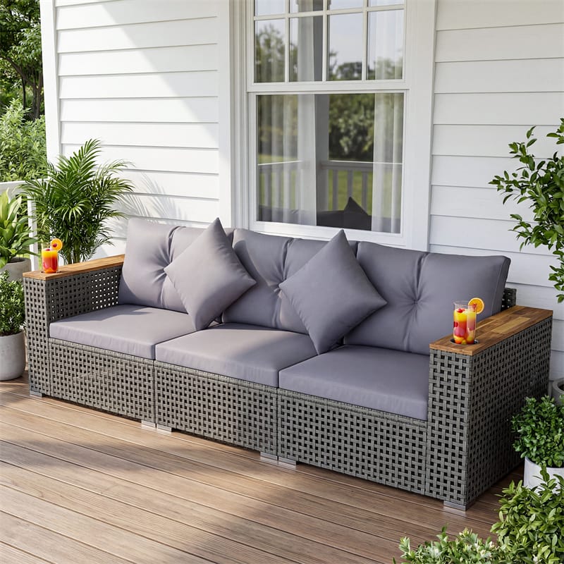 86.5" 3-Seat Patio Wicker Sofa, 3PCS Modular PE Rattan Sectional Furniture Set with Cup Holders & Wood Armrests, Outdoor Couch for Garden Yard