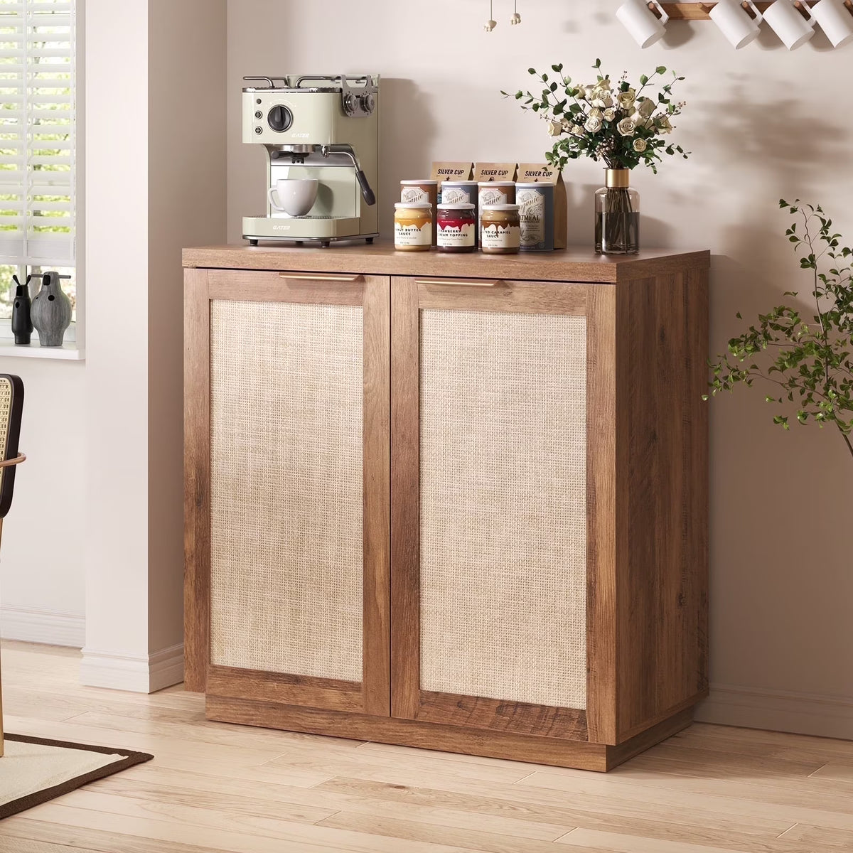 Hommpa Sideboard Buffet Cabinet Rattan Kitchen Storage Organizer with 5 - Position Adjustable Shelf & 2 Doors Boho Farmhouse Accent Cabinets TV Console for Living Dining Room Coffee Bar