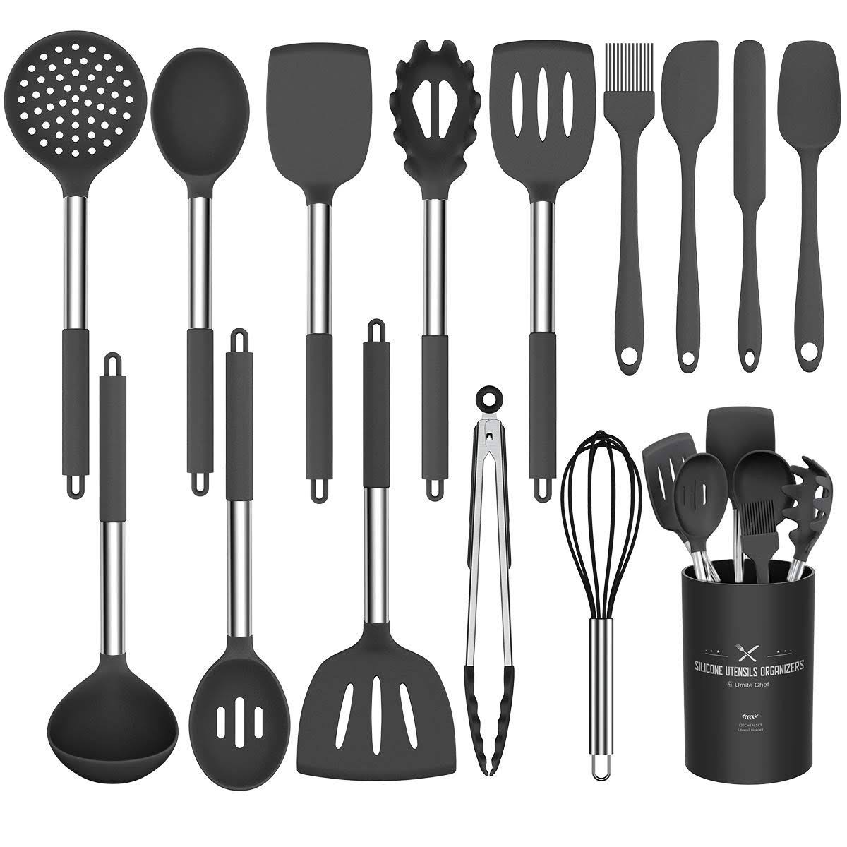 Silicone Cooking Utensil Set, Umite Chef 15pcs Silicone Cooking Kitchen Utensils Set, Non-Stick - Best Kitchen Cookware with Stainless Steel Handle