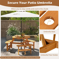 6-Person Round Wood Picnic Table Set with 3 Built-in Benches & 2" Umbrella Hole, Holds 1850 LBS, Outdoor Dining Table & Bench for Patio Garden
