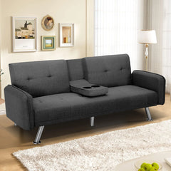 Aukfa 75" Square Arm Futon Convertible Sofa Bed for Home Office, 2 Cup Holders, Linen, Dark Gray