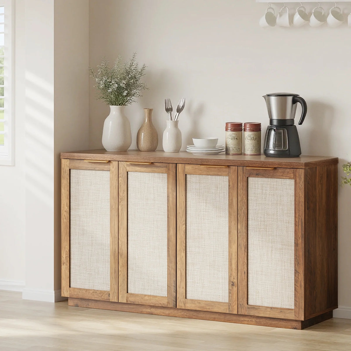 Hommpa Sideboard Buffet Cabinet Rattan Kitchen Storage Organizer with 5 - Position Adjustable Shelf & 2 Doors Boho Farmhouse Accent Cabinets TV Console for Living Dining Room Coffee Bar