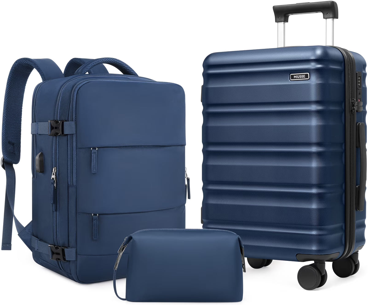 MIUSSE Luggage Sets 3 Piece, 20 in Carry on Luggage with Wheels, 100% PC Hardshell Suitcase with TSA Lock, Carry on Suitcases Airline Approved with Travel Backpack for Men Women
