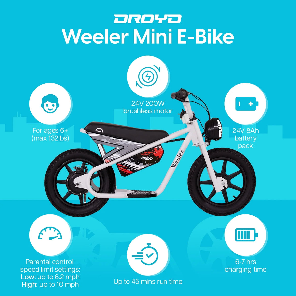 Droyd Weeler Electric Mini Bike - 24V 8ah Battery, 6 - 10 MPH, up to 8 Miles, LED Lights, Kids Ages 6+