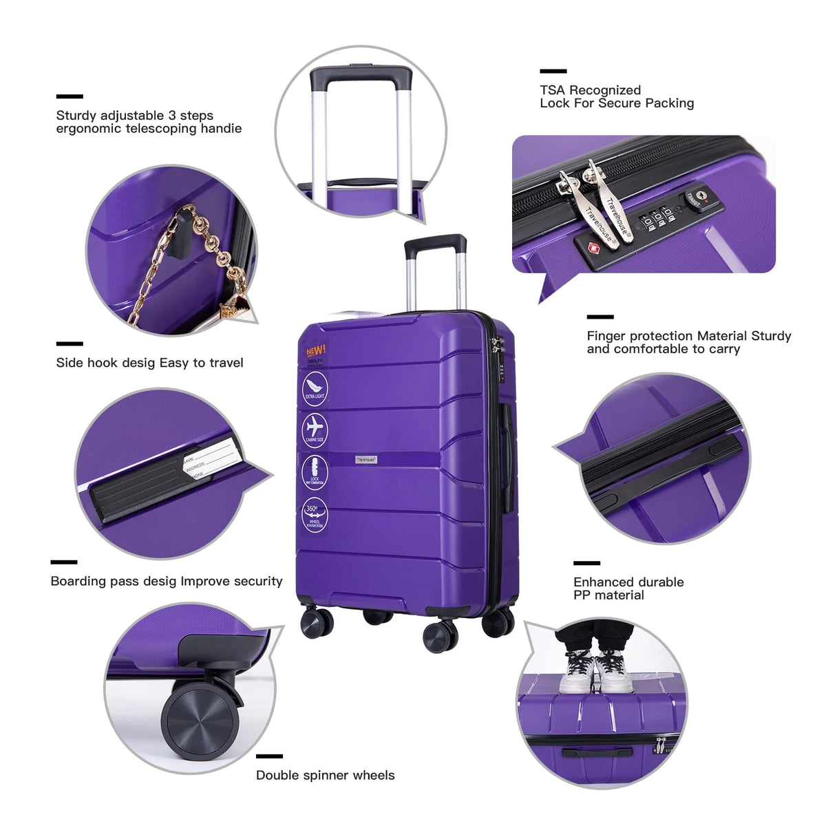 Travelhouse 3 Piece Luggage Set Hardshell Lightweight Suitcase with TSA Lock Spinner Wheels.(Purple)