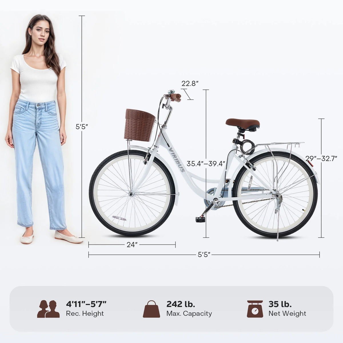 Viribus Women'S Comfort Bike 24 in Beach & City Cruiser Bicycle with Basket Rack White