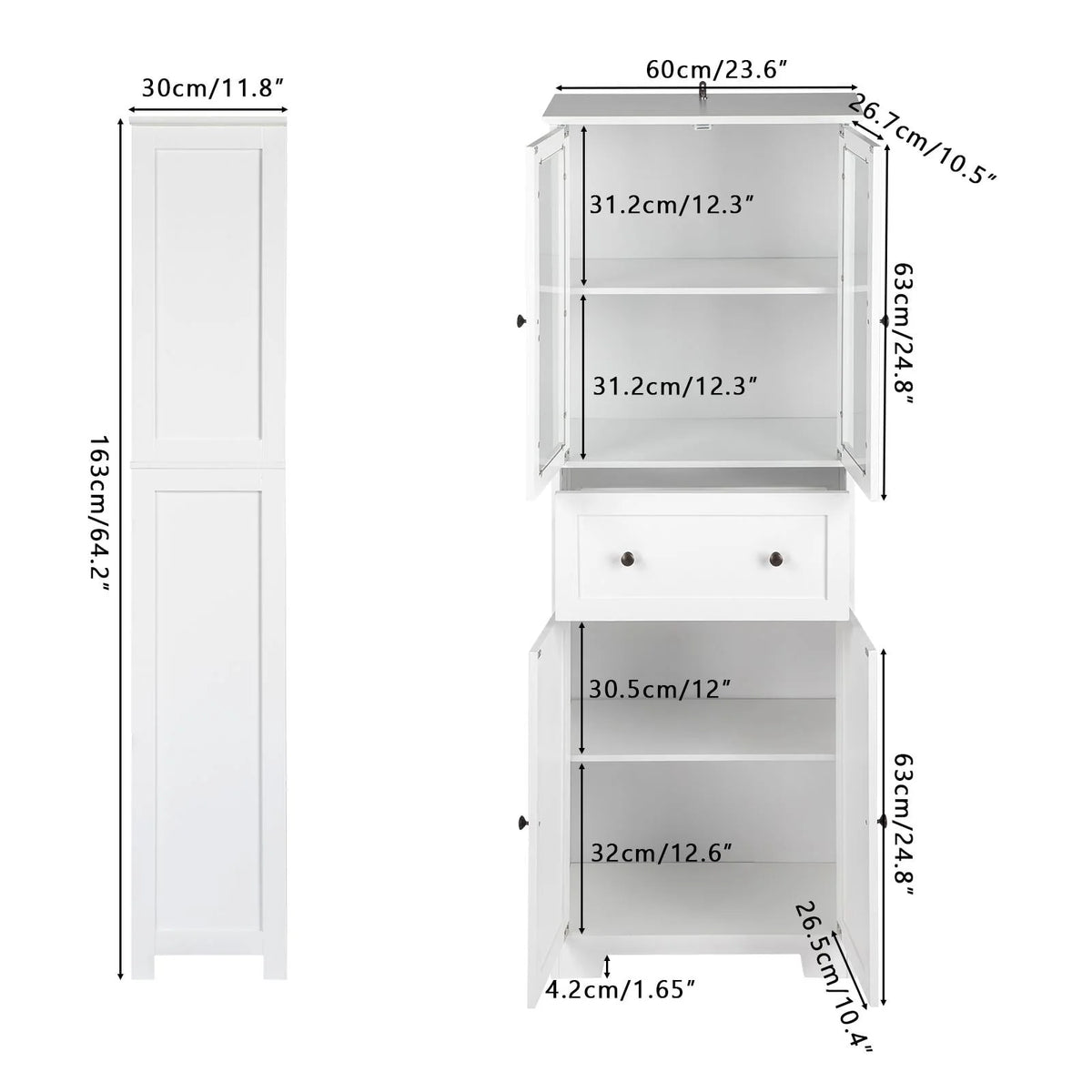 Ktaxon 64" Tall Bathroom Storage Cabinet Organizer, Freestanding Kitchen Pantry Cabinet Line Tower with 2 Glass Doors, Large Drawer & 4 Adjustable Shelves for Dining Room Living Room Home Office, White