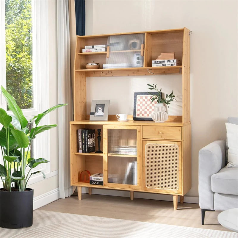 69" Tall Bamboo Kitchen Pantry Hutch Cabinet, Freestanding Buffet Sideboard with Rattan Door, Wine Storage & Microwave Countertop for Coffee Bar