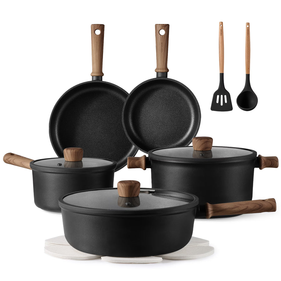 Carote 13-Pcs Nonstick Cookware Sets, Pots and Pans with Stay - Cool Handles, Induction Compatible Kitchen Set, (Black)