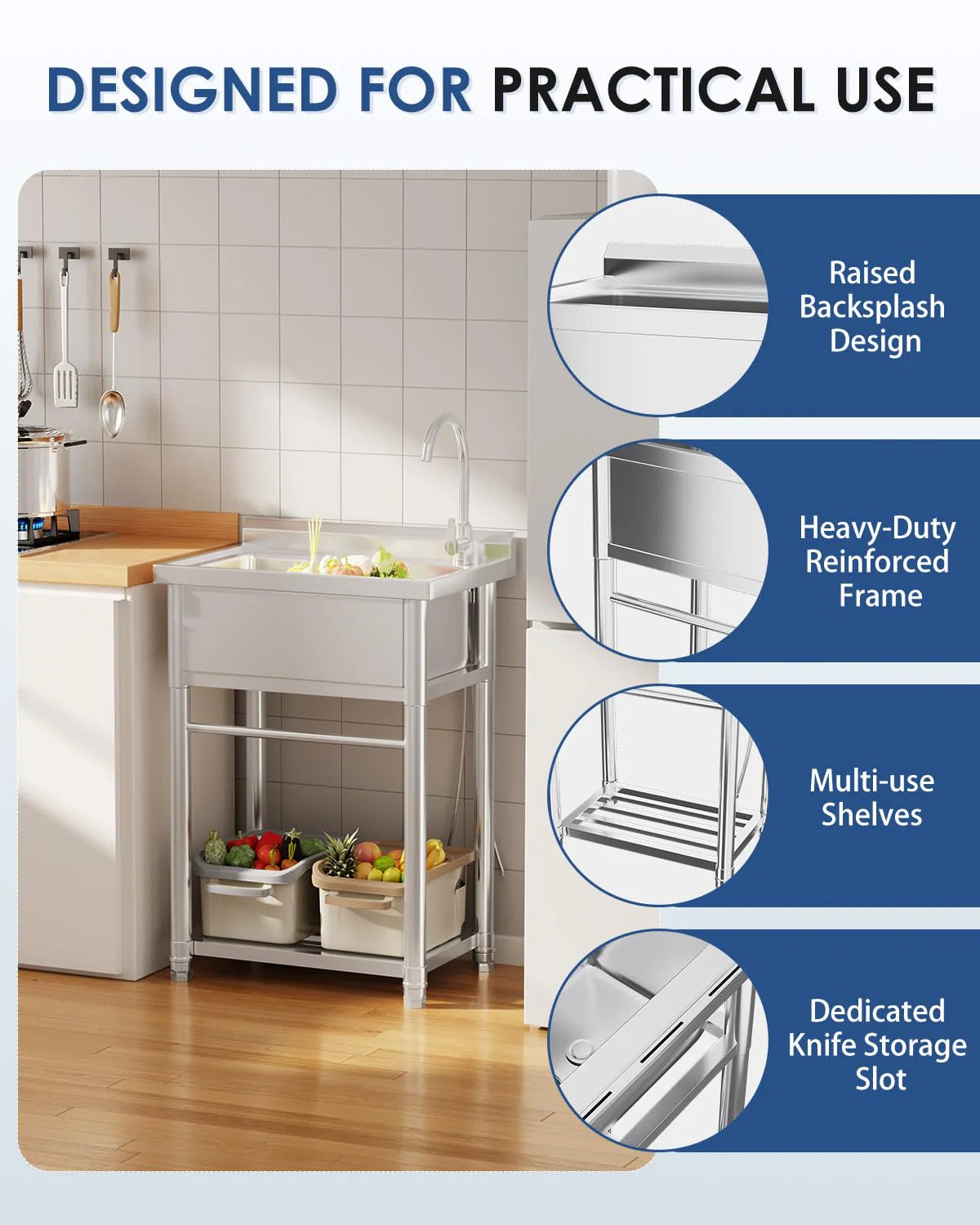 AECOJOY 24''x20'' Stainless Steel Utility Sink, Free Standing Single Bowl Commercial Kitchen Sinks with Faucet