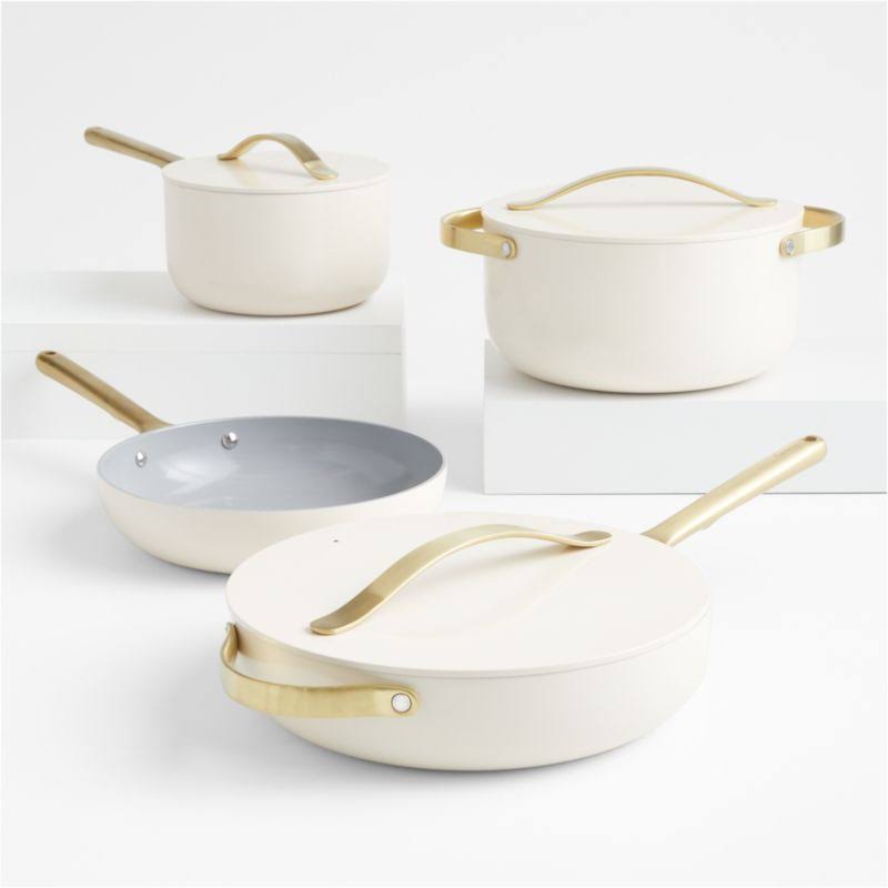 Caraway Home 7-Piece Cream Ceramic Non - Stick Cookware Set with Gold Hardware