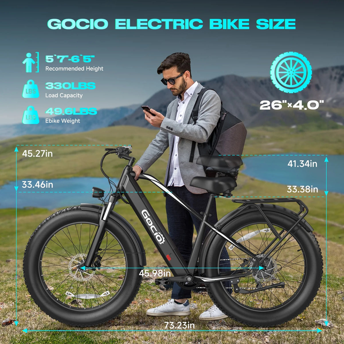 Gocio Electric Bike, 26"x4.0" Fat Tire E - Mountain Bike, Peak 1000W Motor, 28MPH 48V 15ah Battery Removable Ebike for Off Road, Sand, UL2849