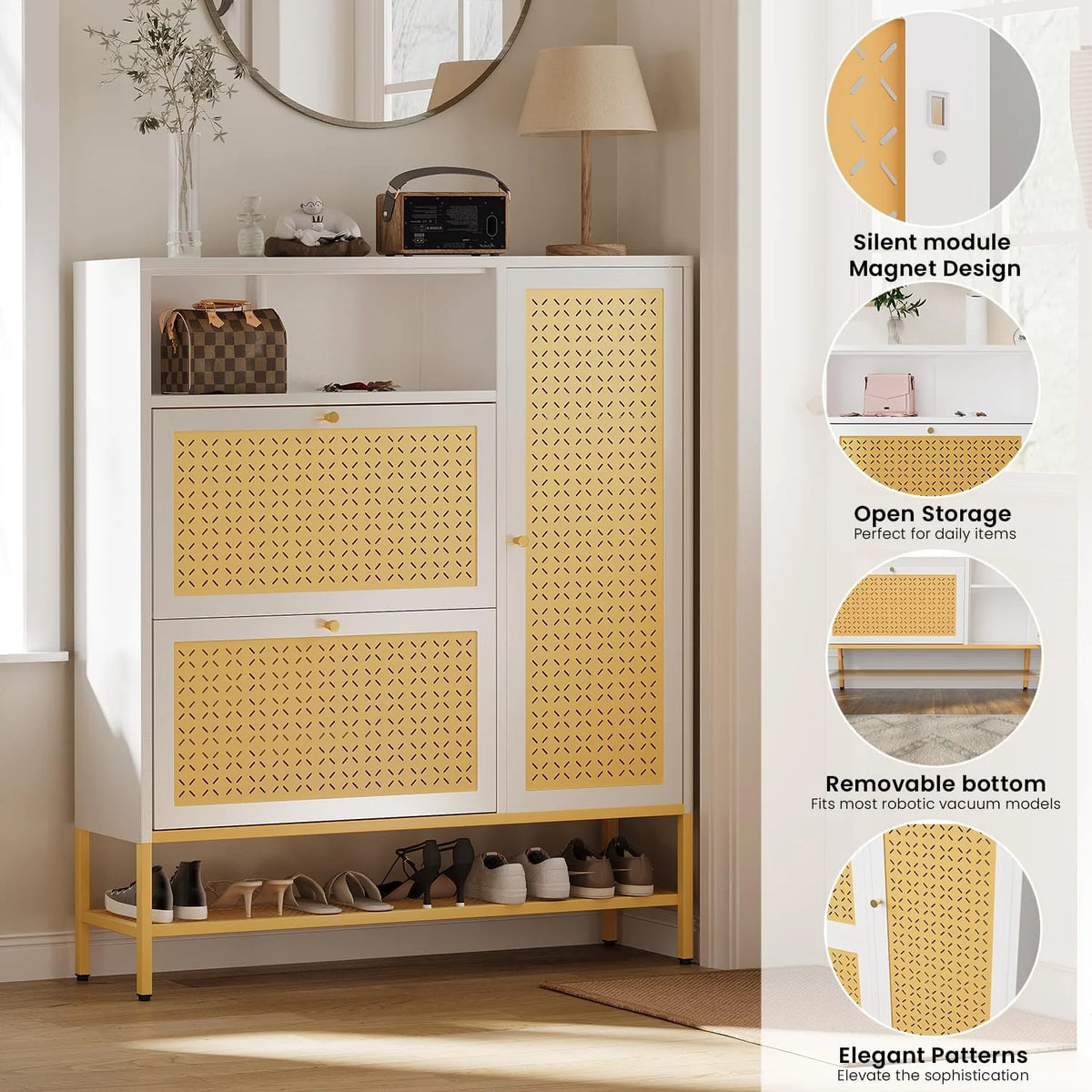 AECOJOY Shoe Storage Cabinet with 2 Flip Drawers - Hidden Shoe Organizer for Entryway, Metal Shoe Rack with Door & Open Storage