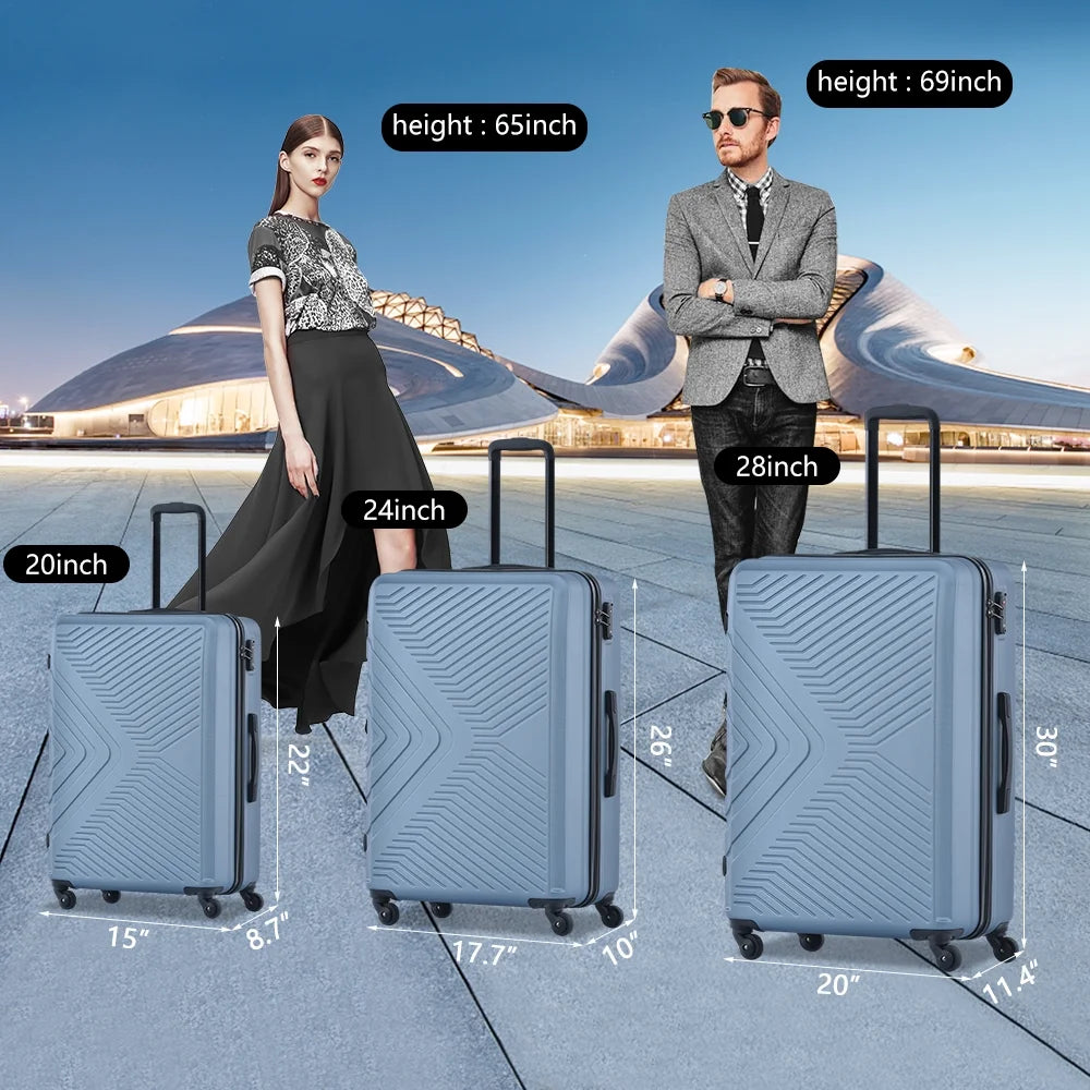 3 Piece Blue Luggage Travel Set, 20" 24" 28" Carry on Luggage with Spinner Wheels, Lightweight Hard Case Luggage Travel Suitcase Christmas Gifts for Business Trip Holiday Travel Cruise