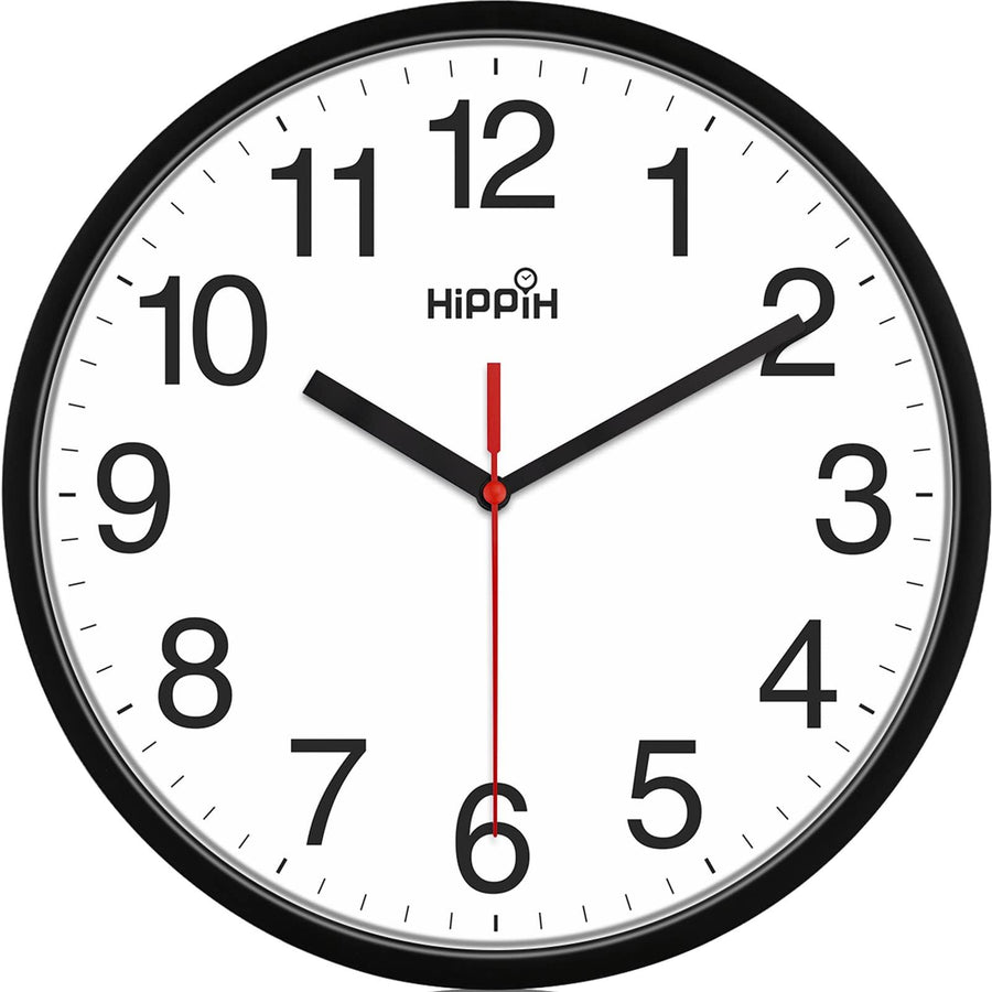 Hippih Black Wall Clock Silent Non Ticking Quality Quartz 10 inch Round Easy to Read for Home Office School Clock Red Second Hand