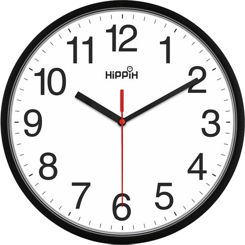 Hippih Black Wall Clock Silent Non Ticking Quality Quartz 10 inch Round Easy to Read for Home Office School Clock Red Second Hand