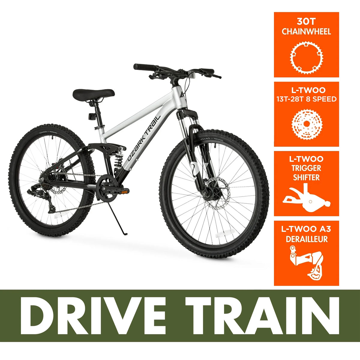 24" Ozark Trail FS.1 Epictrail Full Suspension Mountain Bike, for Teens and Adults, Heights Between 4'6" - 5'6", Silver