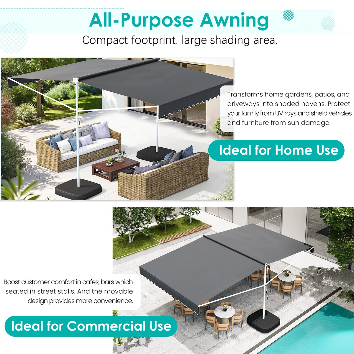 AECOJOY Free Standing Retractable Awning, 13'x10' Dual Side Patio Awnings Outdoor Manual Sun Shade Shelter, Dark Grey