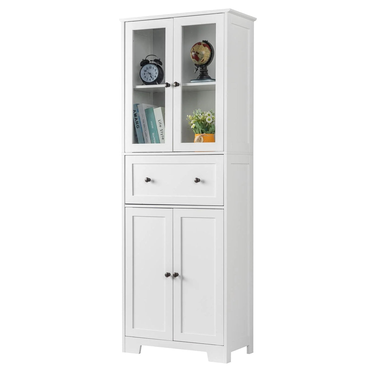 Ktaxon 64" Tall Bathroom Storage Cabinet Organizer, Freestanding Kitchen Pantry Cabinet Line Tower with 2 Glass Doors, Large Drawer & 4 Adjustable Shelves for Dining Room Living Room Home Office, White