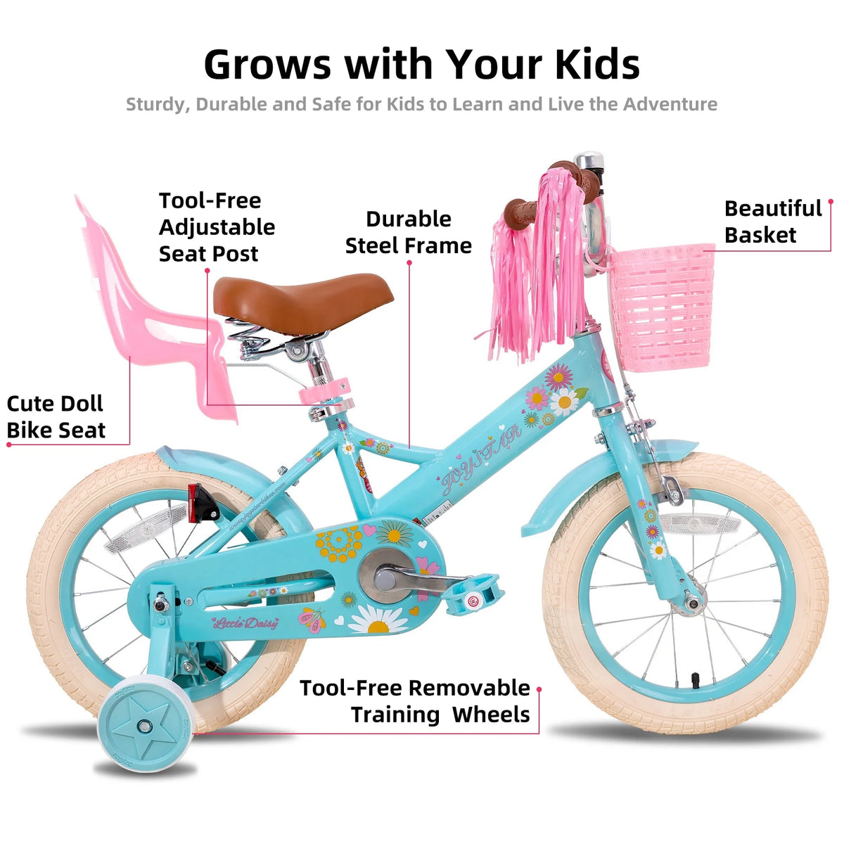 JOYSTAR Little Daisy 14 in Kids Bike for 3 4 5 Years Girls with Handbrake Children Princess Bicycle with Training Wheels Basket Streamer Toddler Cycle Bikes Blue