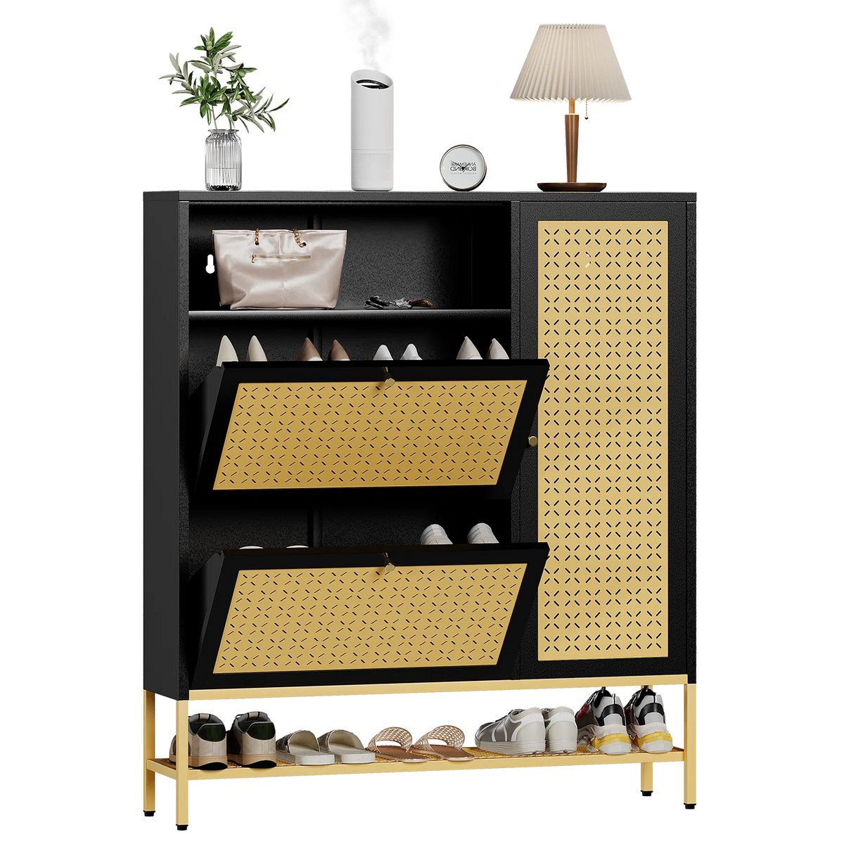 AECOJOY Shoe Storage Cabinet with 2 Flip Drawers - Hidden Shoe Organizer for Entryway, Metal Shoe Rack with Door & Open Storage