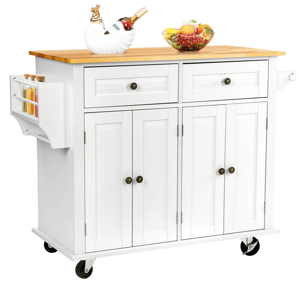 Richya Kitchen Island with Storage, Rolling Kitchen Cart with Lockable Wheels, Rubber Wood Tabletop Kitchen Island Table for Kitchen, Living Room, White