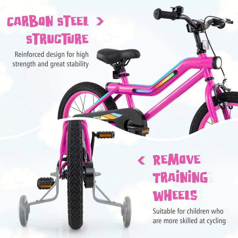 16/18 Inch LED Lighted Kids Bike with Training Wheels, Headlight, Adjustable Seat & Dual Brakes, Children Bicycle for Ages 4-8 Years