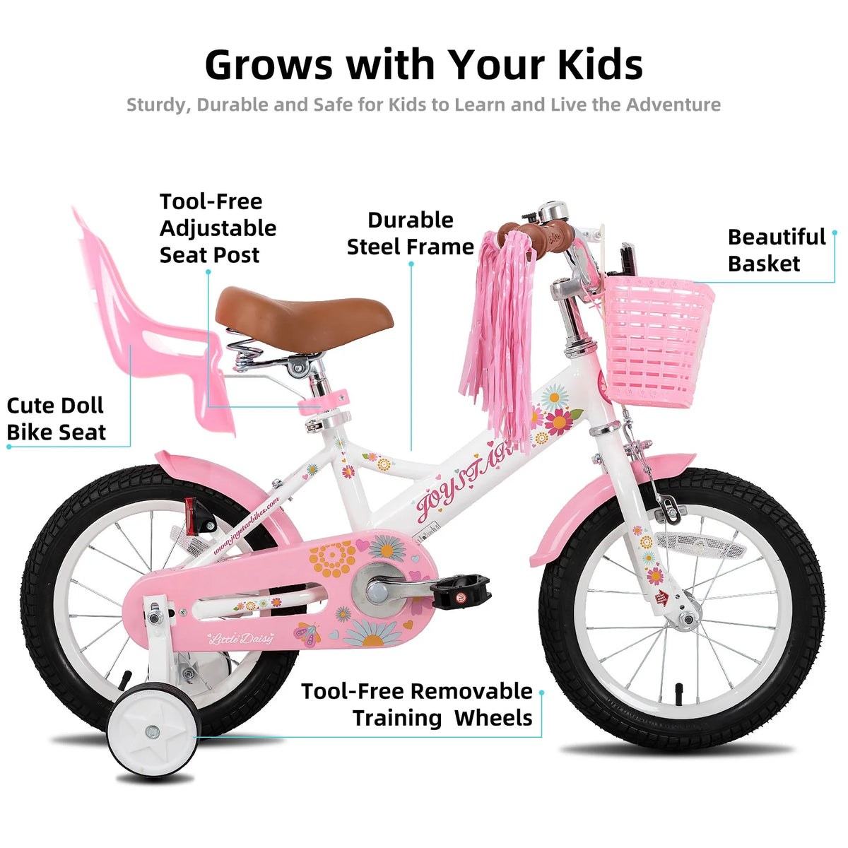 JOYSTAR Little Daisy 14 in Kids Bike for 3 4 5 Years Girls with Handbrake Children Princess Bicycle with Training Wheels Basket Streamer Toddler Cycle Bikes Blue