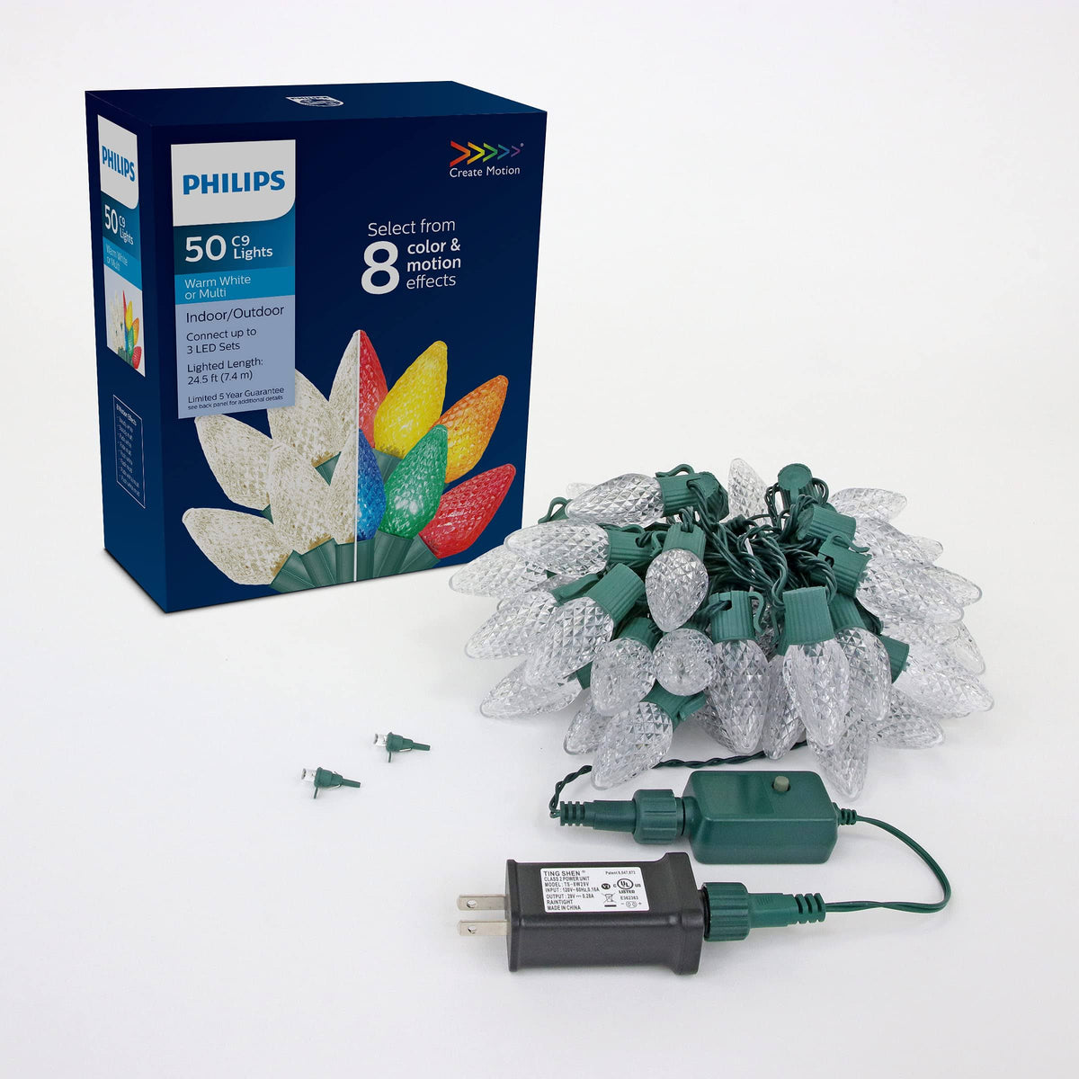 Philips 50 LED 8 Function Bicolor Faceted C9 Christmas Lights on Green Wire - UL Listed for Indoor/Outdoor Use - 26.83' Total Length with 6" Bulb