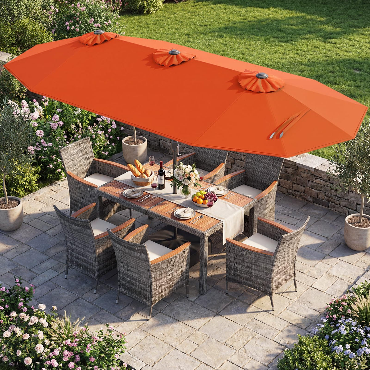 Tangkula 9 Pieces Rattan Outdoor Dining Set with 13Ft Solar Patio Umbrella