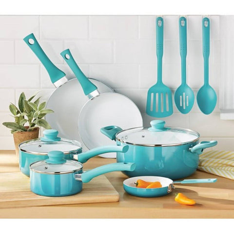 Mainstays Ceramic Nonstick 12 Piece Cookware Set, Teal Ombre, Hand Wash Only
