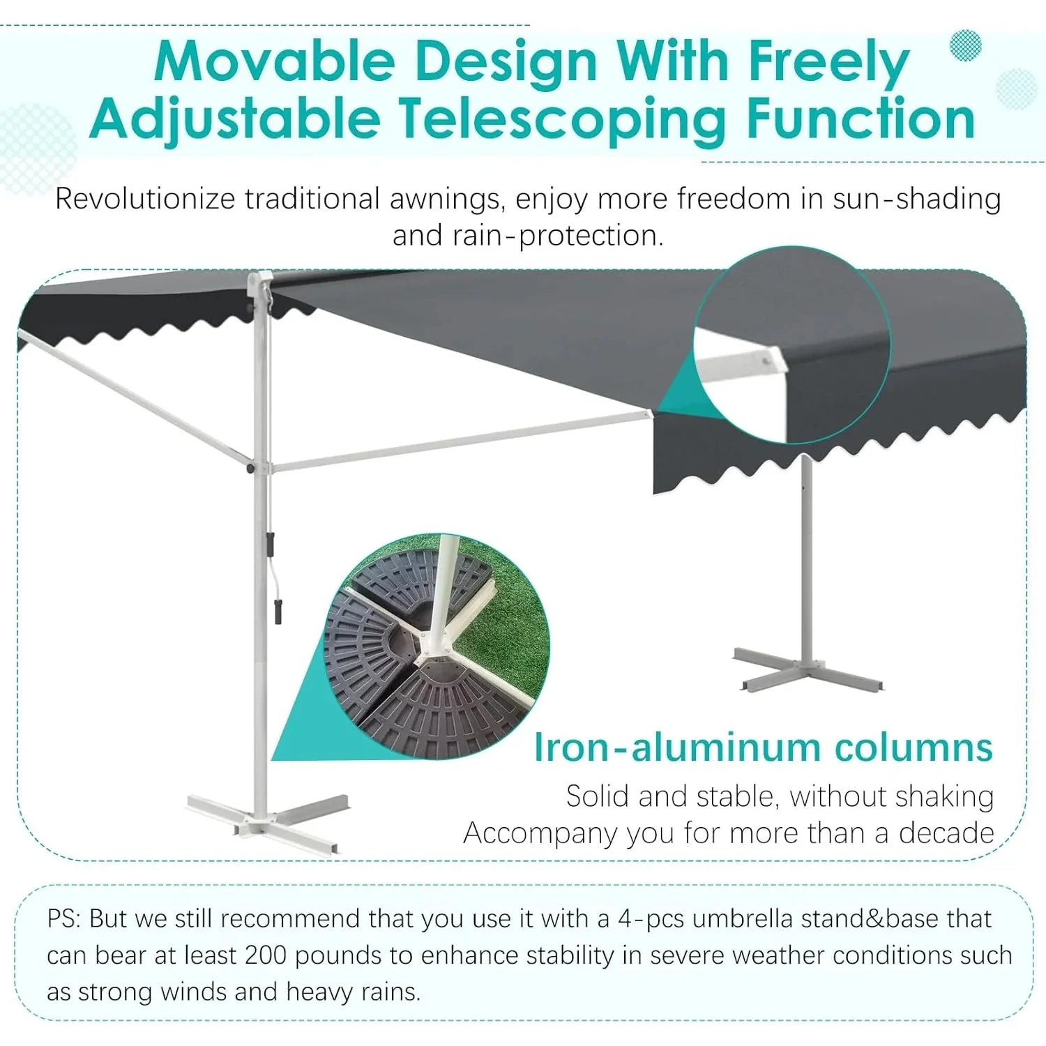 AECOJOY Free Standing Retractable Awning, 13'x10' Dual Side Patio Awnings Outdoor Manual Sun Shade Shelter, Dark Grey