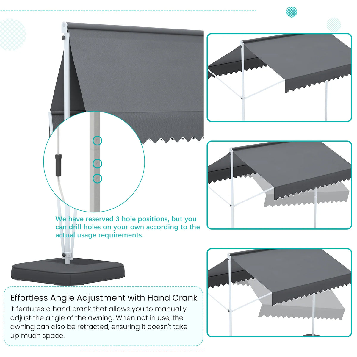 AECOJOY Free Standing Retractable Awning, 13'x10' Dual Side Patio Awnings Outdoor Manual Sun Shade Shelter, Dark Grey