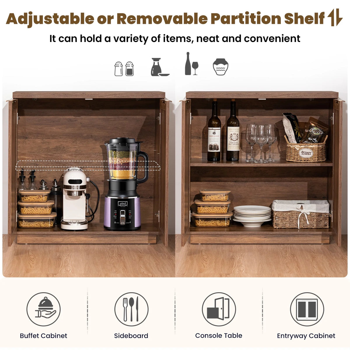Hommpa Sideboard Buffet Cabinet Rattan Kitchen Storage Organizer with 5 - Position Adjustable Shelf & 2 Doors Boho Farmhouse Accent Cabinets TV Console for Living Dining Room Coffee Bar