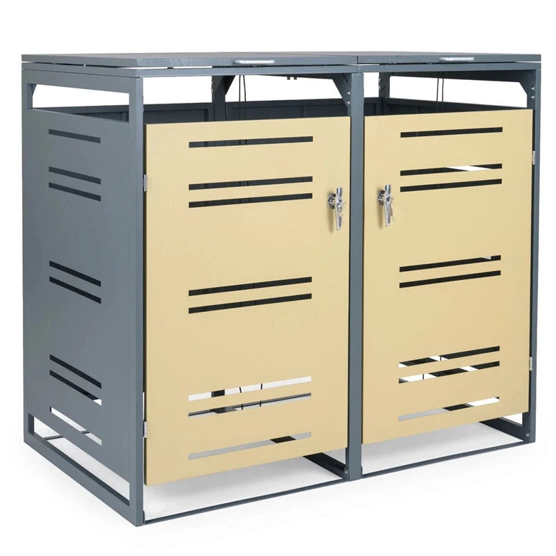 44 Cu.Ft Outdoor Metal Trash Can Storage Shed for 2 Bins, Double Garbage Can Enclosure with Gas Strut, Shock Absorber & Lockable Doors