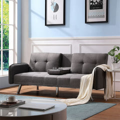 Aukfa 75" Square Arm Futon Convertible Sofa Bed for Home Office, 2 Cup Holders, Linen, Dark Gray